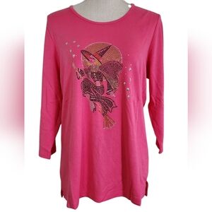 Quacker Factory Pink Witch Rhinestone Bedazzled Graphic Women's Top Medium